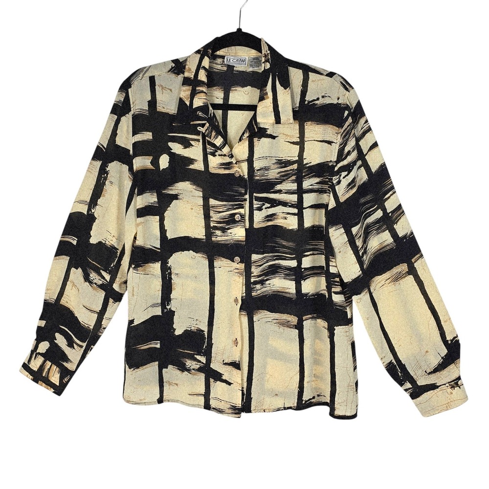 Vintage Le Caviar Womens Large Abstract Geometric Button Up Blouse Black Cream